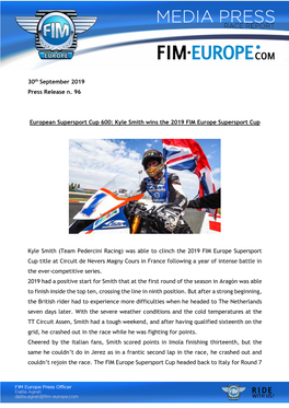 Kyle Smith Wins the 2019 FIM Europe Supersport Cup Kyle