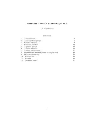NOTES on ABELIAN VARIETIES [PART I] Contents 1. Affine Varieties