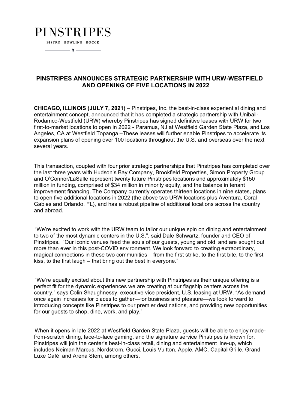 Pinstripes Announces Strategic Partnership with Urw-Westfield and Opening of Five Locations in 2022