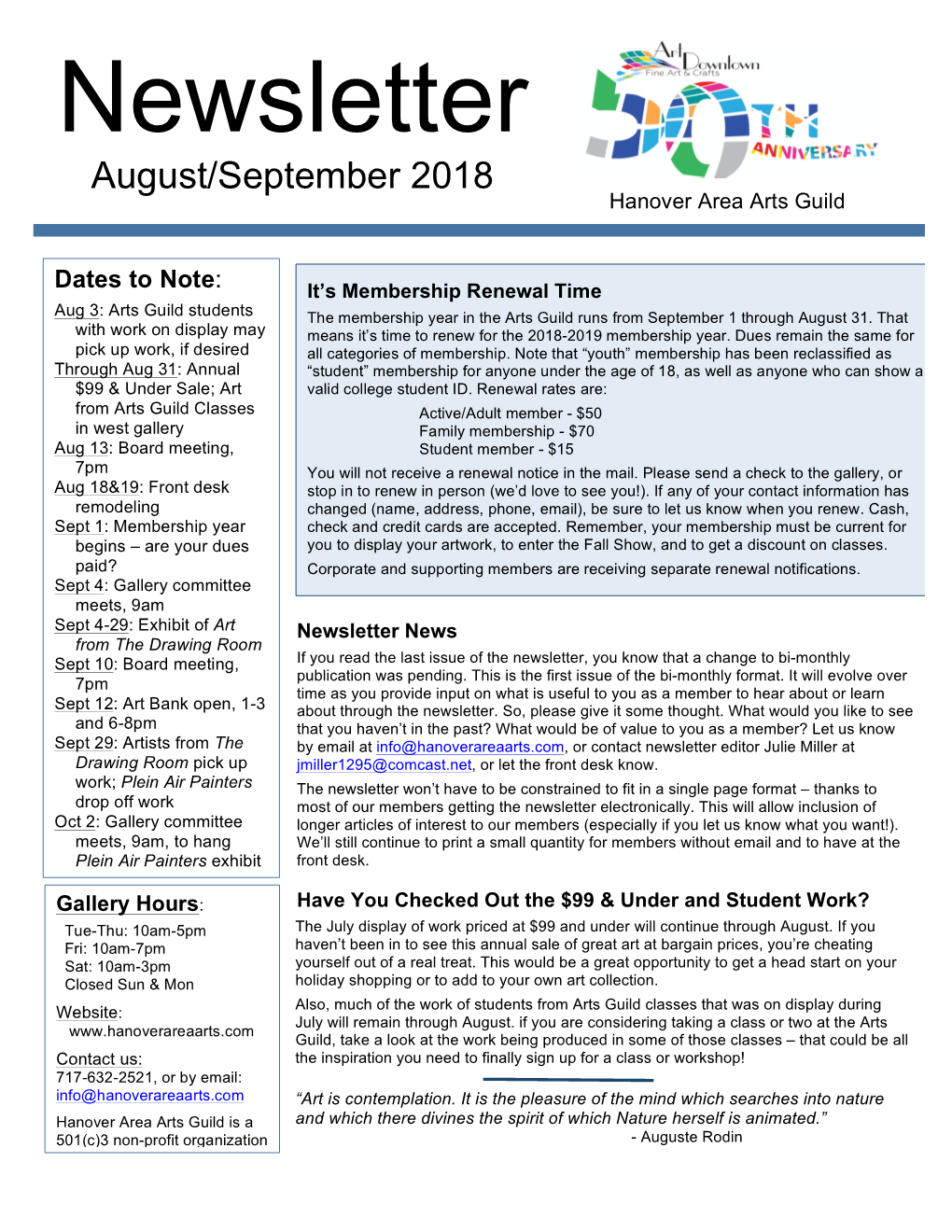 Newsletter August/September 2018 Hanover Area Arts Guild