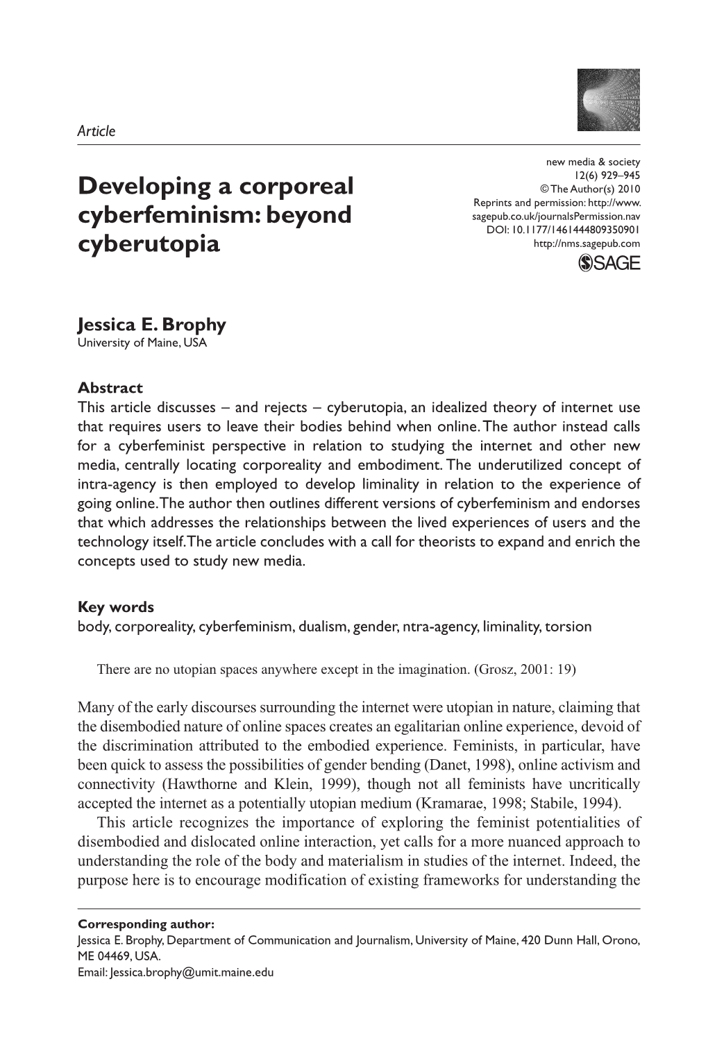 Developing a Corporeal Cyberfeminism: Beyond Cyberutopia