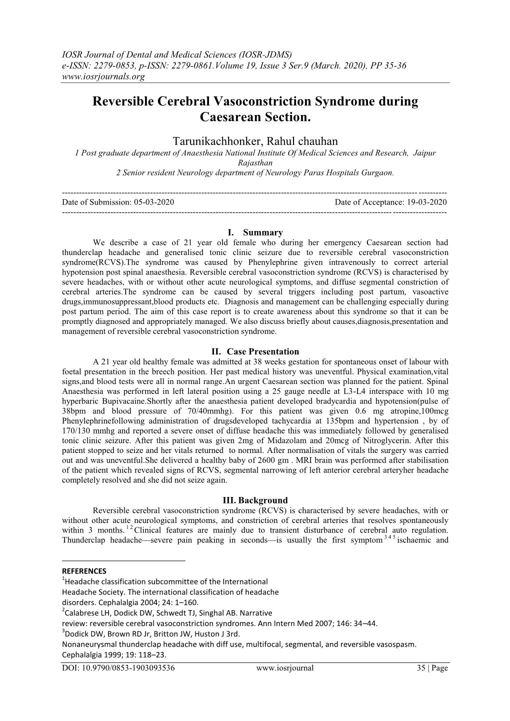 Reversible Cerebral Vasoconstriction Syndrome During Caesarean Section