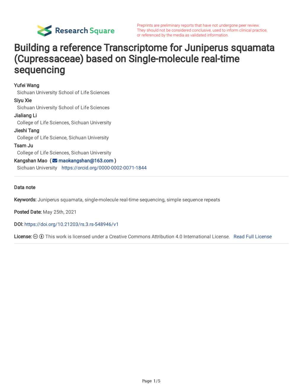 Building a Reference Transcriptome for Juniperus Squamata (Cupressaceae) Based on Single-Molecule Real-Time Sequencing