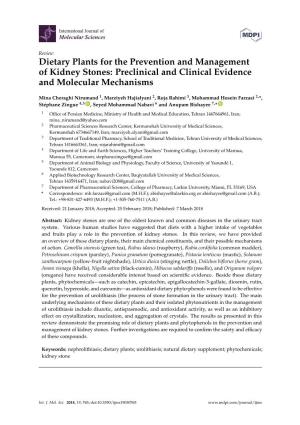 Dietary Plants for the Prevention and Management of Kidney Stones: Preclinical and Clinical Evidence and Molecular Mechanisms
