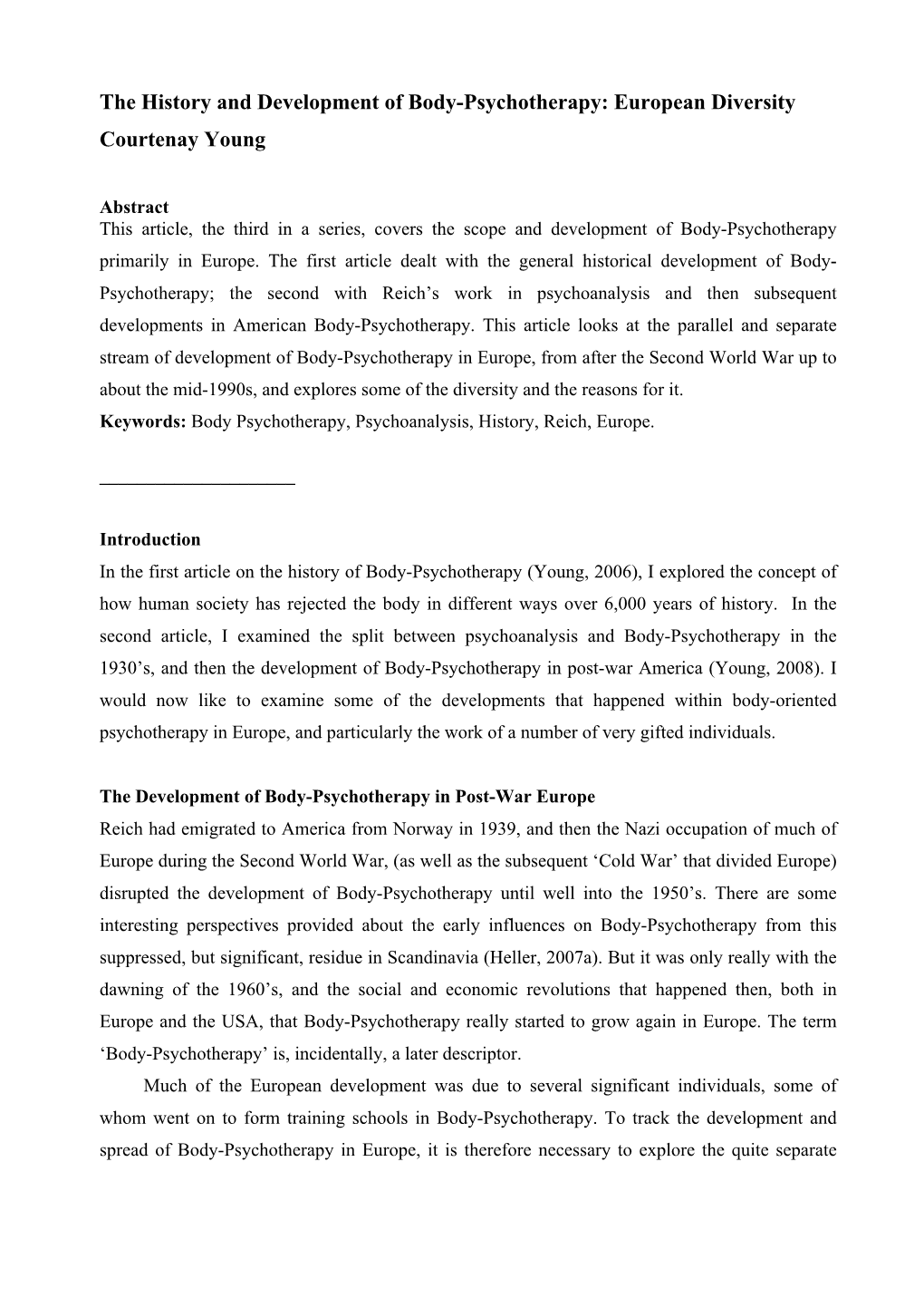The History and Development of Body-Psychotherapy: European Diversity Courtenay Young