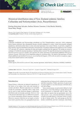 Historical Distribution Data of New Zealand Endemic Families Callaeidae and Notiomystidae (Aves, Passeriformes)
