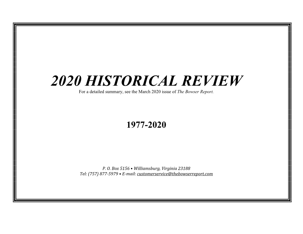 2020 HISTORICAL REVIEW for a Detailed Summary, See the March 2020 Issue of the Bowser Report