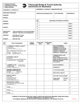 Triborough Bridge and Tunnel Authority Certificate of Insurance