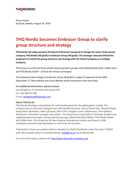 THQ Nordic Becomes Embracer Group to Clarify Group Structure and Strategy