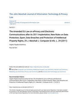 The Amended EU Law on Eprivacy and Electronic Communications After Its 2011 Implentation; New Rules on Data Protection, Spam, Da