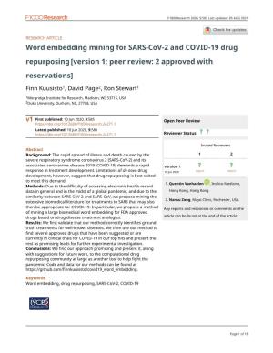 Word Embedding Mining for SARS-Cov-2 and COVID-19 Drug Repurposing [Version 1; Peer Review: 2 Approved with Reservations]