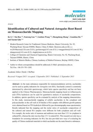 Identification of Cultured and Natural Astragalus Root Based on Monosaccharide Mapping