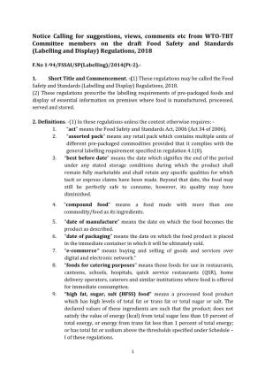 Notice Calling for Suggestions, Views, Comments Etc from WTO-TBT Committee Members on the Draft Food Safety and Standards (Labelling and Display) Regulations, 2018