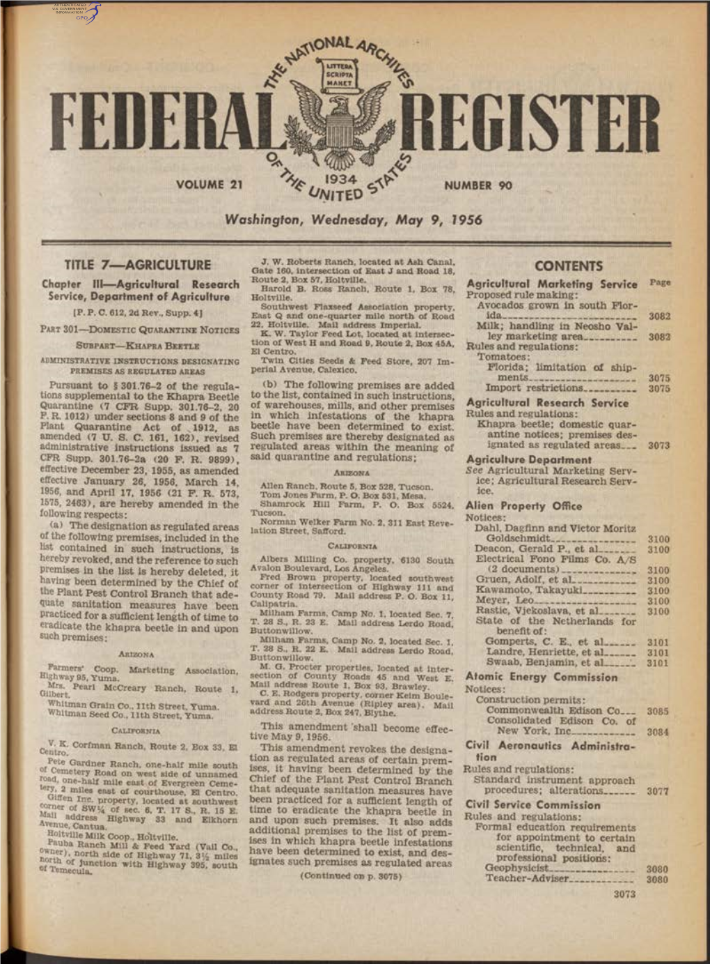 FEDERAL REGISTER VOLUME 21 1 9 3 4 NUMBER 90 ^A/ITEO ^ Washington, Wednesday, M Ay 9, 1956