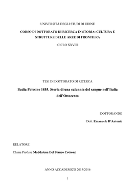 Badia Polesine 1855. Storia Di Una Calunnia Del Sangue Nell'italia Dell