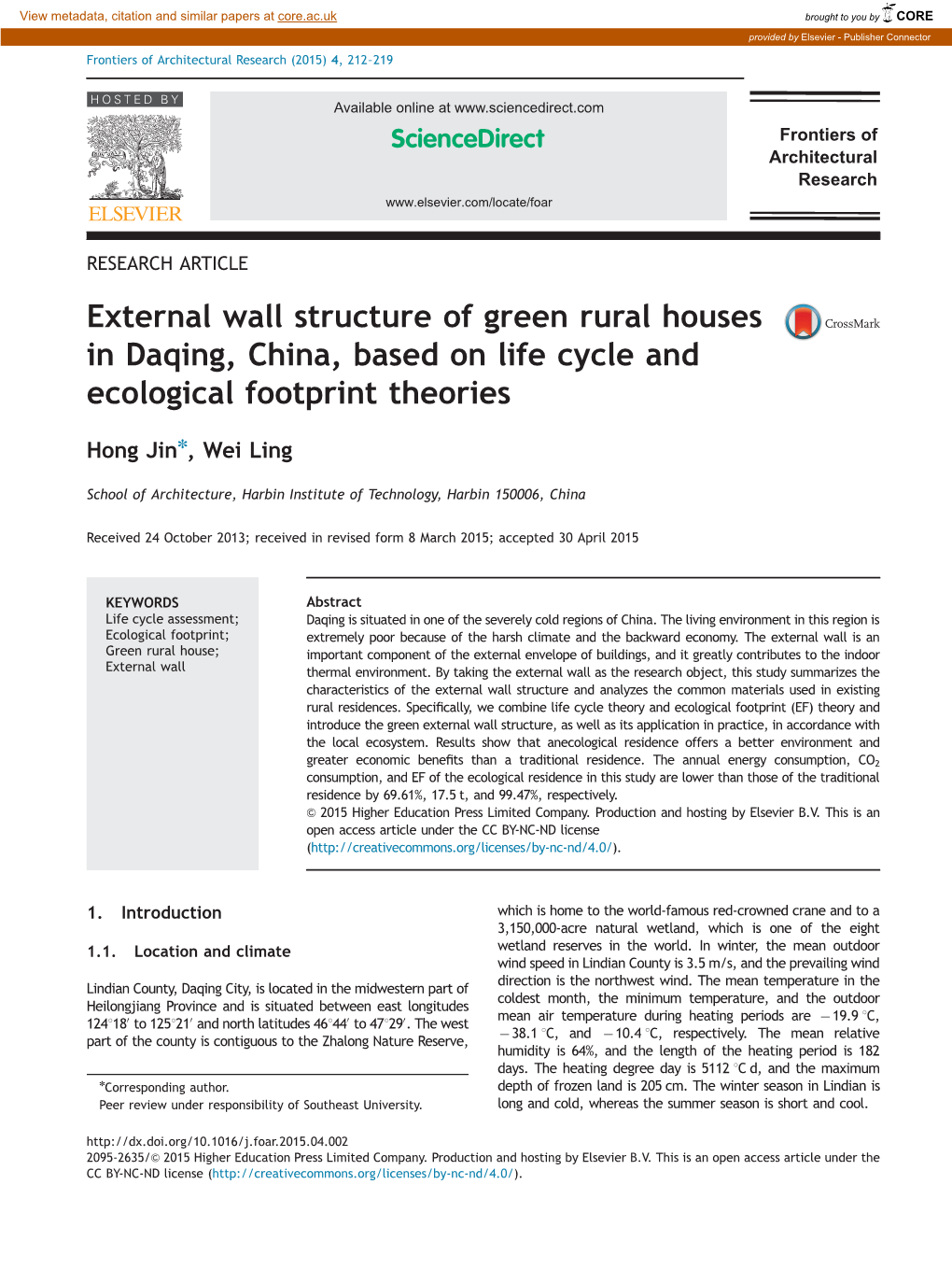 External Wall Structure of Green Rural Houses in Daqing, China, Based on Life Cycle and Ecological Footprint Theories