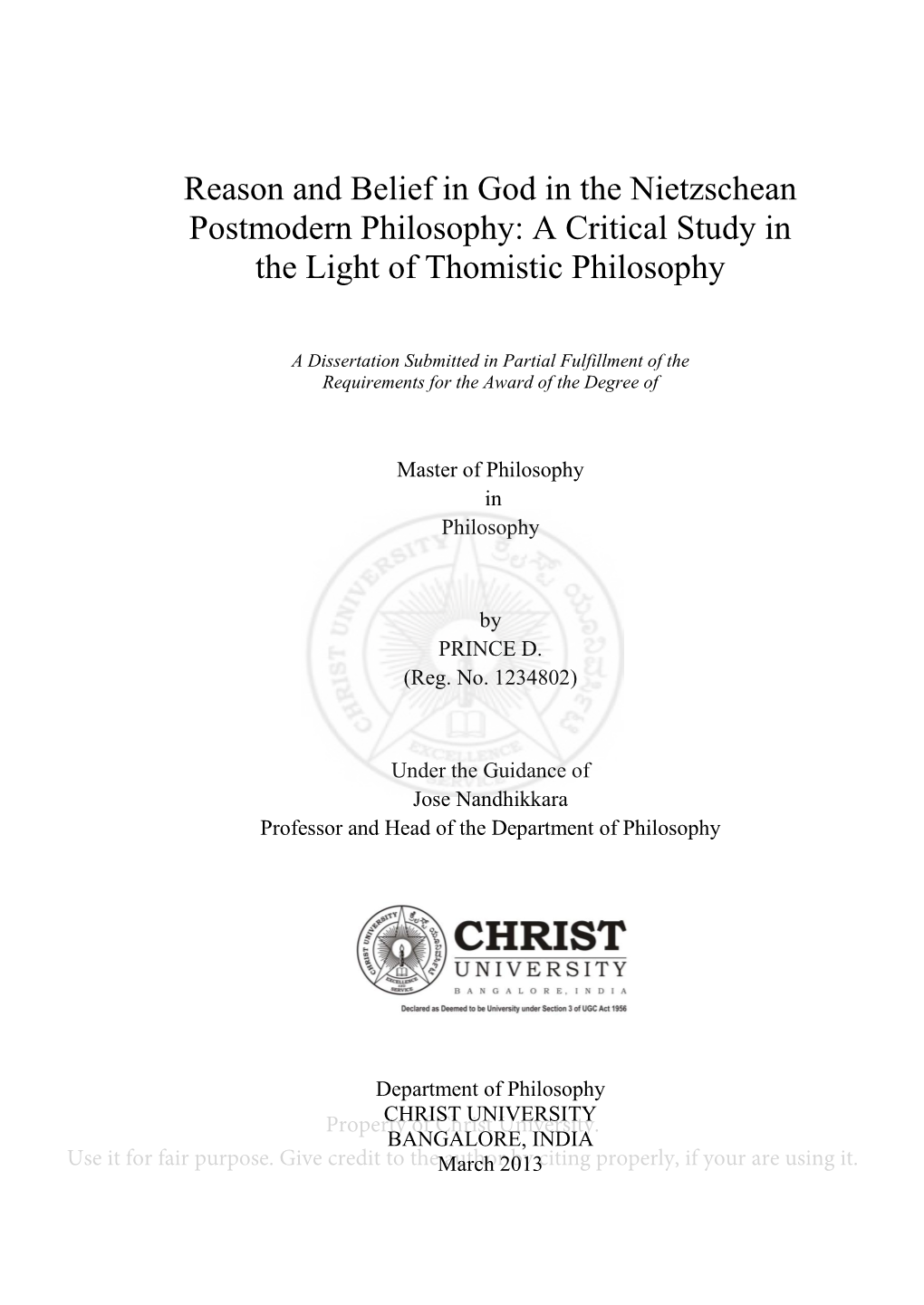 Reason and Belief in God in the Nietzschean Postmodern Philosophy: a Critical Study in the Light of Thomistic Philosophy