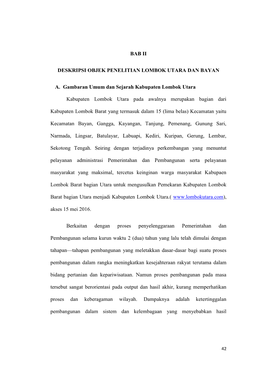 BAB II DESKRIPSI OBJEK PENELITIAN LOMBOK UTARA DAN BAYAN A. Gambaran Umum Dan Sejarah Kabupaten Lombok Utara Kabupaten Lombok Ut
