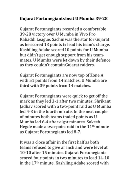 Gujarat Fortunegiants Beat U Mumba 39-28