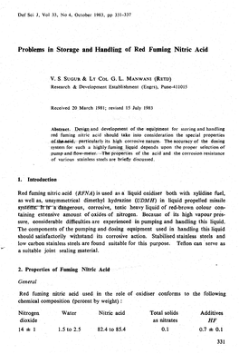 Problems in Storage and Handling of Red Fuming Nitric Acid