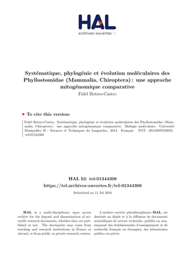 Systématique, Phylogénie Et Évolution Moléculaires Des Phyllostomidae (Mammalia, Chiroptera) : Une Approche Mitogénomique Comparative Fidel Botero-Castro
