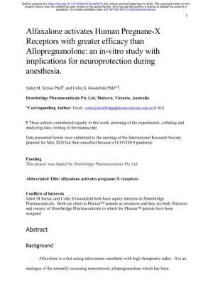 Alfaxalone Activates Human Pregnane-X Receptors with Greater Efficacy Than Allopregnanolone: an In-Vitro Study with Implications for Neuroprotection During Anesthesia