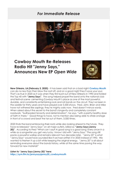 Cowboy Mouth Re-Releases Radio Hit "Jenny Says," Announces New EP Open Wide