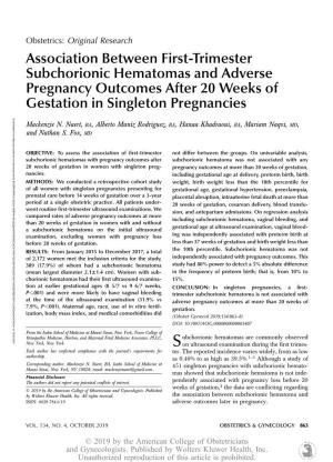Association Between First-Trimester Subchorionic Hematomas and Adverse Pregnancy Outcomes After 20 Weeks of Gestation in Singlet