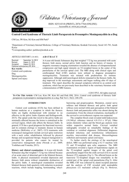 Central Cord Syndrome of Thoracic Limb Paraparesis in Presumptive Meningomyelitis in a Dog