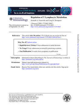 Regulation of T Lymphocyte Metabolism Kenneth A