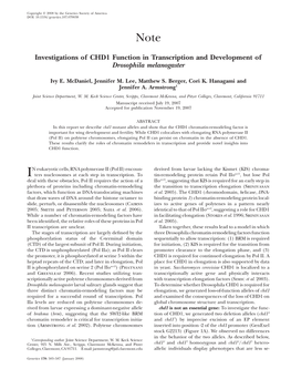 Investigations of CHD1 Function in Transcription and Development of Drosophila Melanogaster