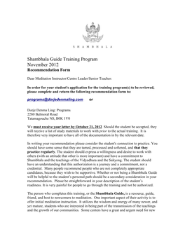 Shambhala Guide Training Program November 2012 Recommendation Form