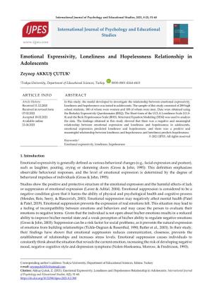 Emotional Expressivity, Loneliness and Hopelessness Relationship in Adolescents