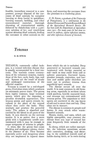 Tetanus 237 Feasible, Immediate Removal to a New Farm, and Removing the Carcasses from Pasture; Promipt Disposal of the Car- the Premises to a Rendering Plant