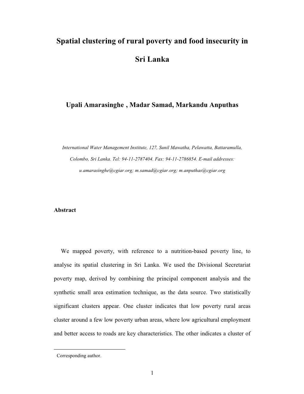 Spatial Clustering of Rural Poverty and Food Insecurity in Sri Lanka