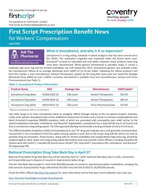 First Script Prescription Benefit News for Workers’ Compensation April 2019
