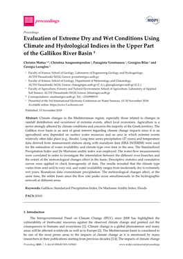 Evaluation of Extreme Dry and Wet Conditions Using Climate and Hydrological Indices in the Upper Part of the Gallikos River Basin †