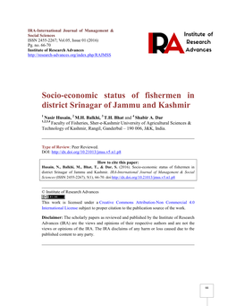 Socio-Economic Status of Fishermen in District Srinagar of Jammu and Kashmir
