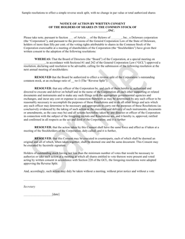 Sample Resolutions to Effect a Simple Reverse Stock Split, with No Change in Par Value Or Total Authorized Shares NOTICE of ACTI