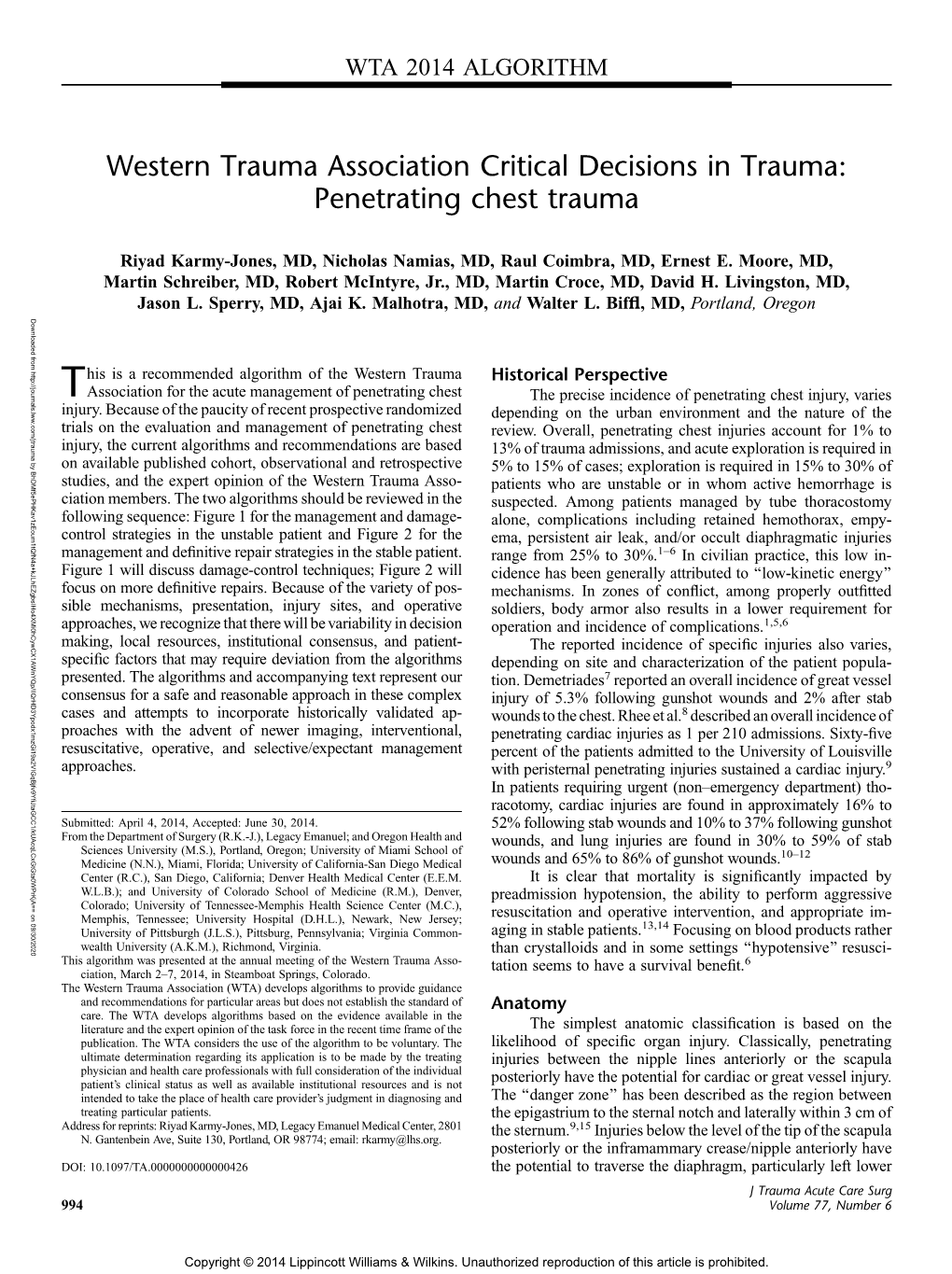 Western Trauma Association Critical Decisions in Trauma: Penetrating Chest Trauma