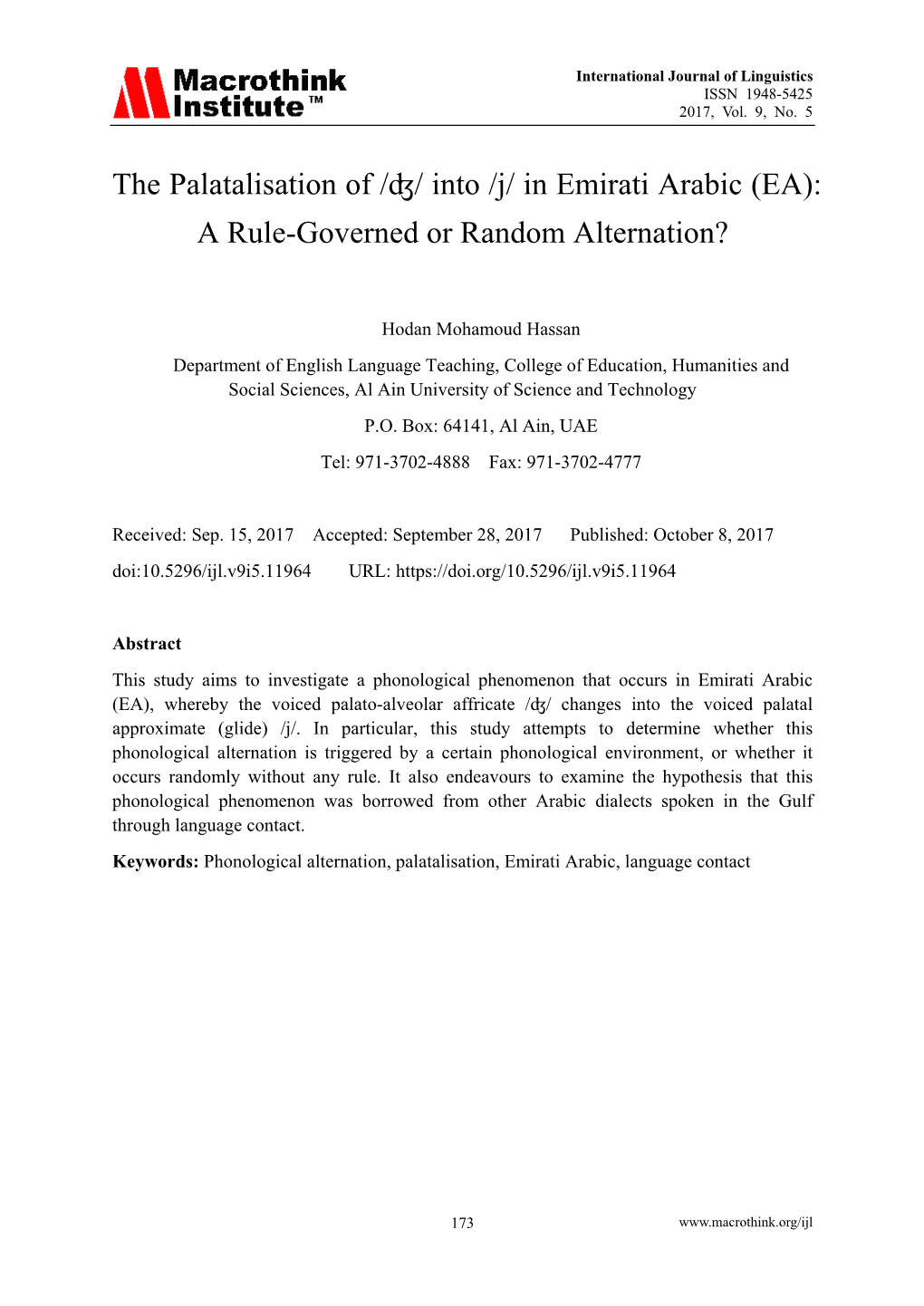 The Palatalisation of /ʤ/ Into /J/ in Emirati Arabic (EA): a Rule-Governed Or Random Alternation?