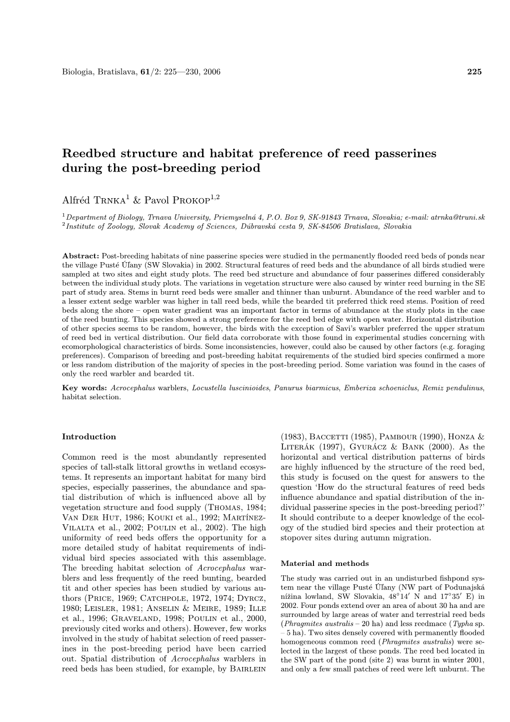 Reedbed Structure and Habitat Preference of Reed Passerines During the Post-Breeding Period