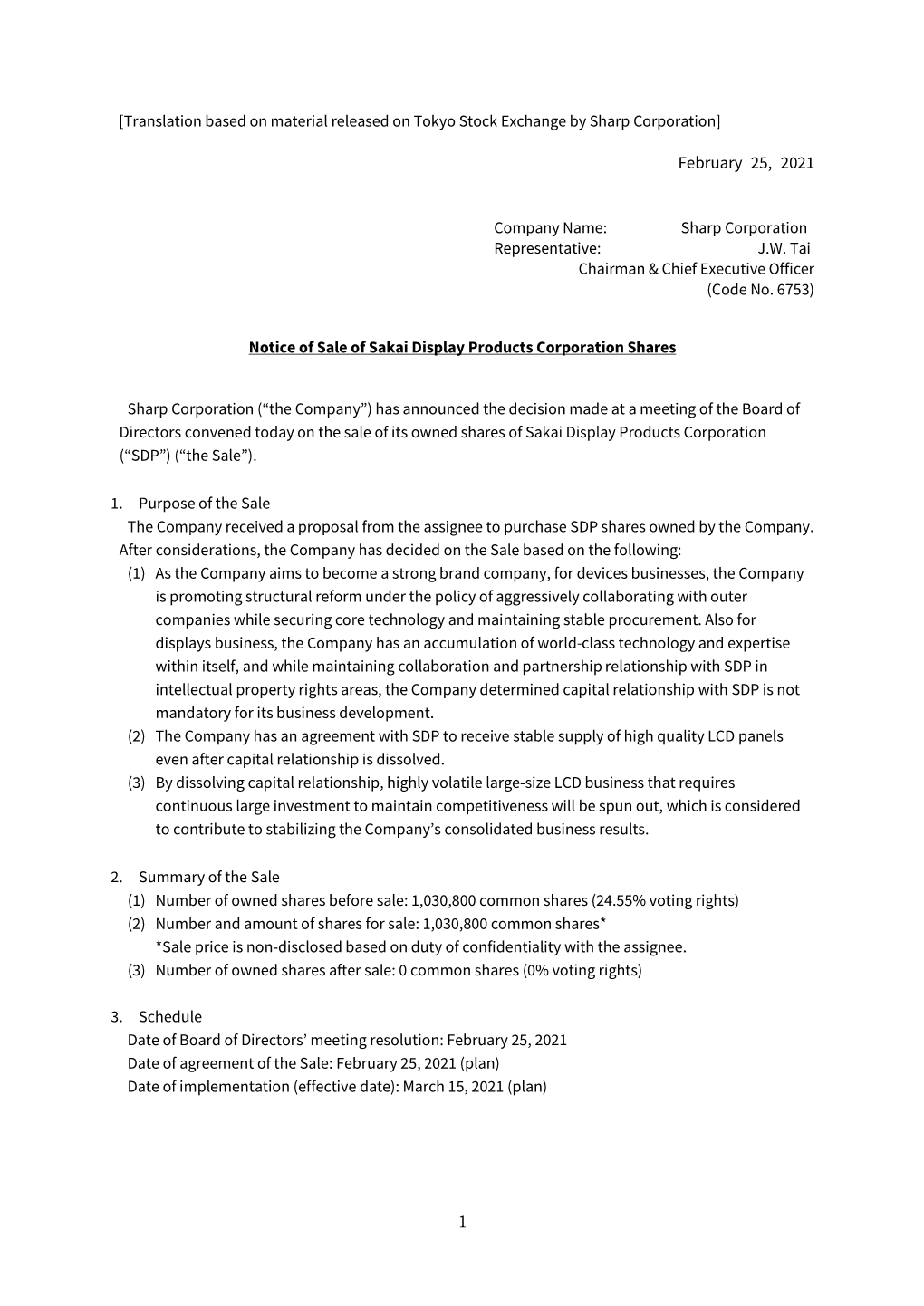 Notice of Sale of Sakai Display Products Corporation Shares