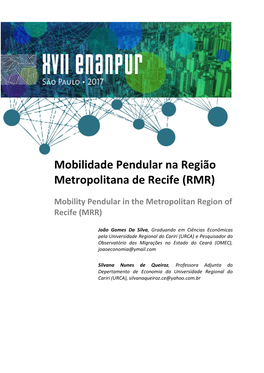 Mobilidade Pendular Na Região Metropolitana De Recife (RMR)