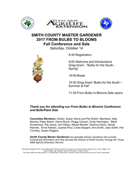 SMITH COUNTY MASTER GARDENER 2017 from BULBS to BLOOMS Fall Conference and Sale Saturday, October 14