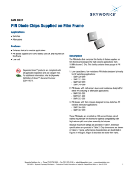 Data Sheets PIN Diode Chips Supplied on Film Frame