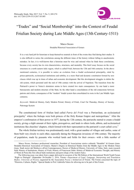 “Trades” and “Social Membership” Into the Context of Feudal Friulian Society During Late Middle Ages (13Th Century-1511)