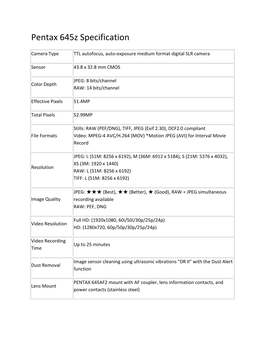 Pentax 645Z Specification