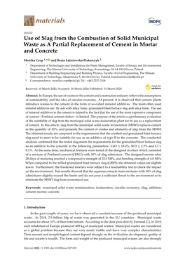 Use of Slag from the Combustion of Solid Municipal Waste As a Partial Replacement of Cement in Mortar and Concrete