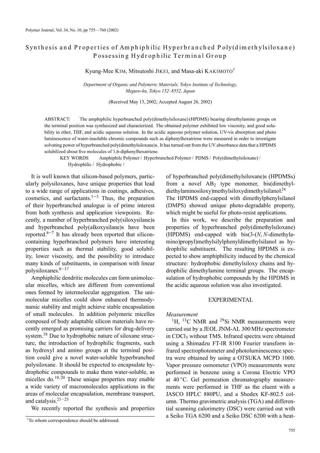 Synthesis and Properties of Amphiphilic Hyperbranched Poly(Dimethylsiloxane) Possessing Hydrophilic Terminal Group